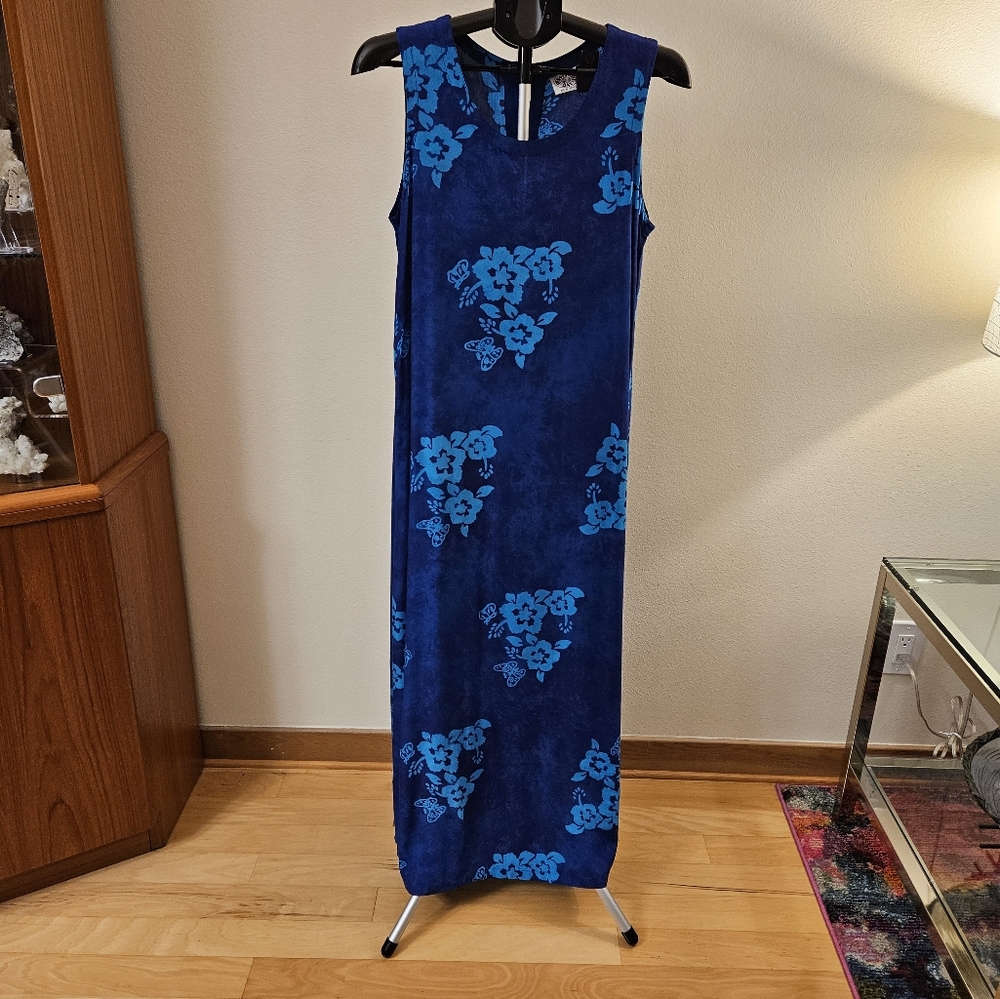 Peppermint Bay column style tropical print sundress in shades of blue.
